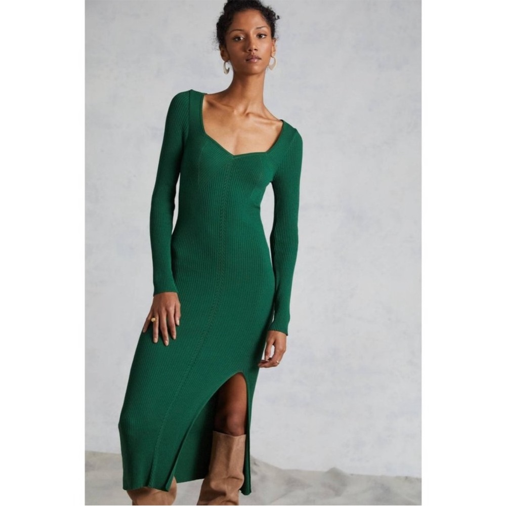 BOGO! Anthropologie Seamed Ribbed Knit Midi Dress Body-Con Green Medium
